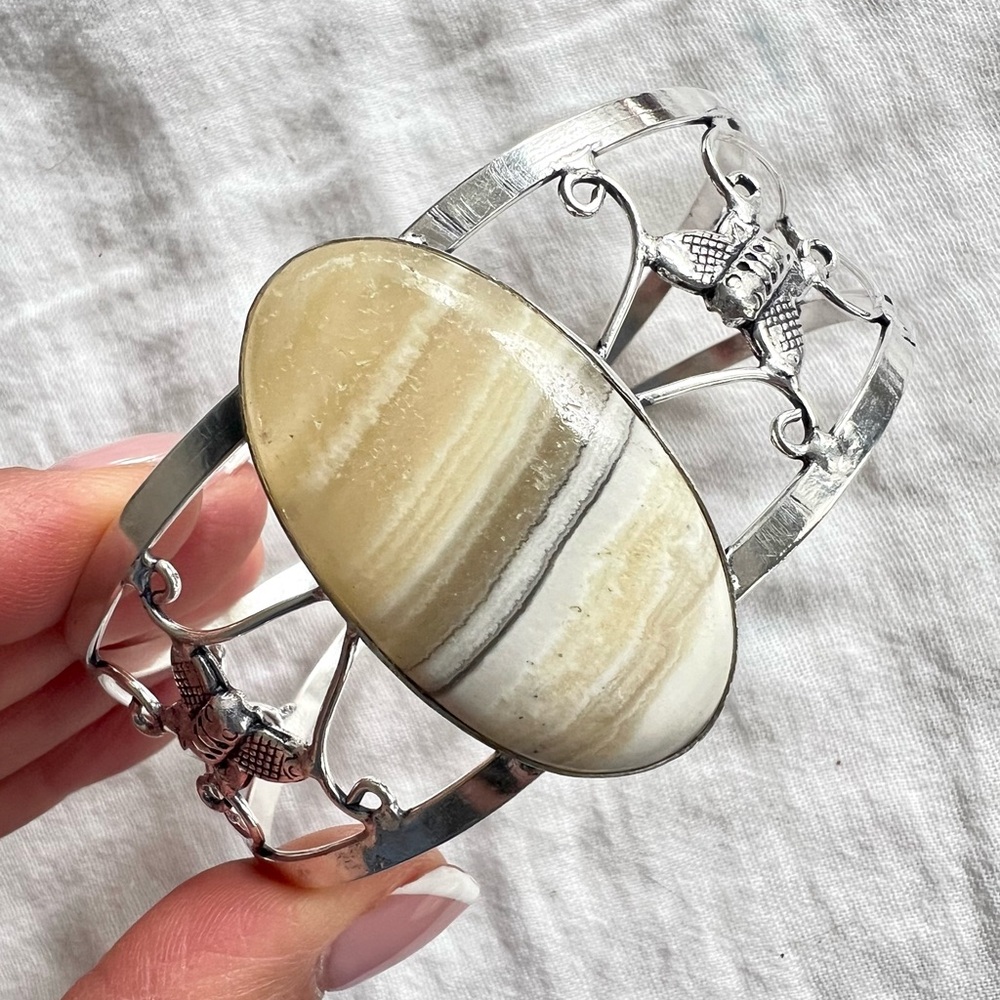 925 Blonde African Zebra Calcite Cuff Bracelet - Picture 3 of 9